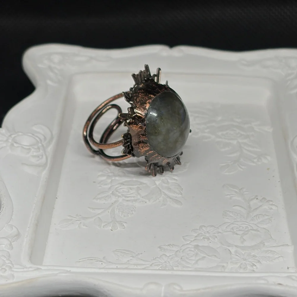 Large Genuine Labradite Sunburst Ring in Antique Brass Adjustable Band - Picture 7 of 10